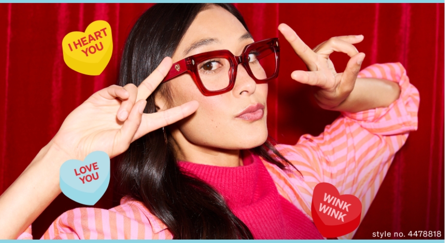 Red glasses worn with a bright pink and striped top. Text: &quot;I HEART YOU&quot;, &quot;LOVE YOU&quot;, &quot;WINK WINK&quot;. Style no. 4478818.