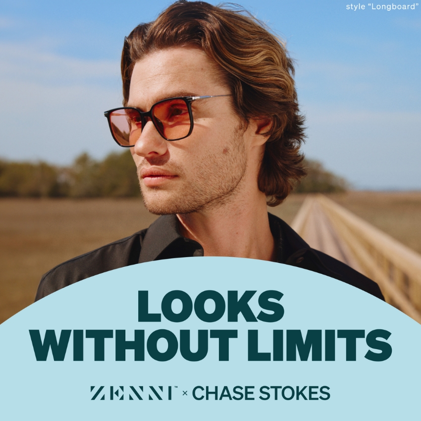 Sunglasses style "Longboard." Text: LOOKS WITHOUT LIMITS. ZENNI x CHASE STOKES.