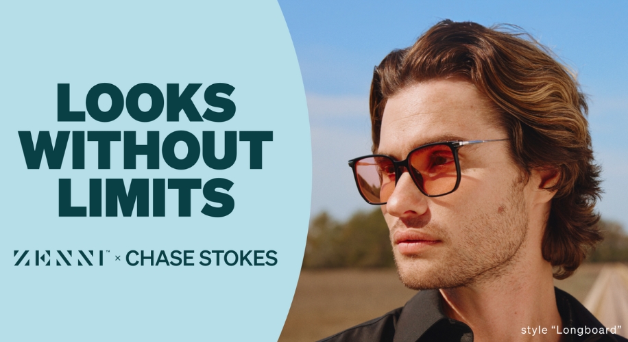 Sunglasses style &quot;Longboard.&quot; Text: LOOKS WITHOUT LIMITS. ZENNI × CHASE STOKES.