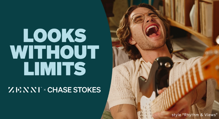 Zenni x Chase Stokes eyewear ad with text &quot;LOOKS WITHOUT LIMITS.&quot; Style: &quot;Rhythm &amp; Views.&quot;