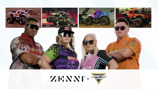 Zenni x Monster Jam collaboration featuring four people wearing themed sunglasses and uniforms.